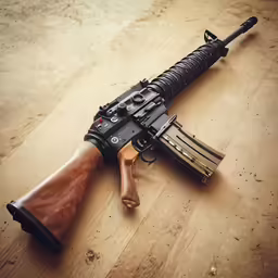 a rifle laying on the ground with some wood on it