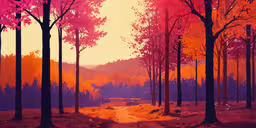 the painting shows a path through a forest,a landscape painting of a pathway leading through trees