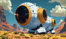 the nasa spaceship is near rocks with yellow flowers