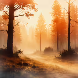 a road that is in the grass and trees,the path through a foggy forest with tall trees