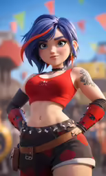 an animated girl in a red top and shorts standing next to a roller coaster