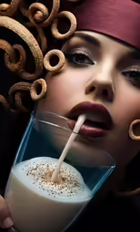 a woman with decorative hair pouring milk into a glass