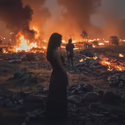 a woman standing in front of fire and a man