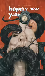a person has a clock on their face as if to say happy new year