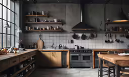 a kitchen with some shelves in the wall