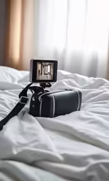 a camera is attached to the white bed in the room