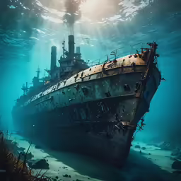 the old ship is floating down in the water