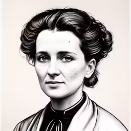 a black and white drawing of a woman with her hair in a bun
