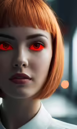 a close up of a woman with red eyes