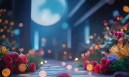 flowers and candles on a table with blurry lights in the background