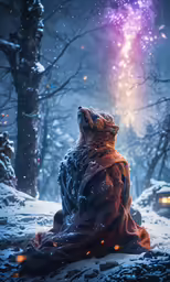 a person with a blanket sits on the snow and watches fireworks