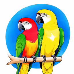 two parrots sitting on a branch with blue background