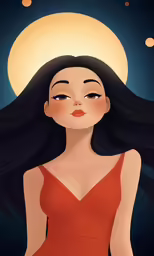 a girl with black hair stands under a full moon