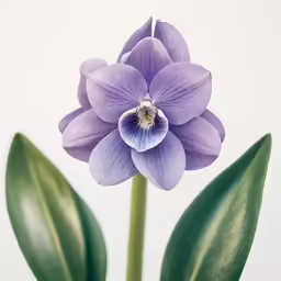 a blue flower with green stems on a white background