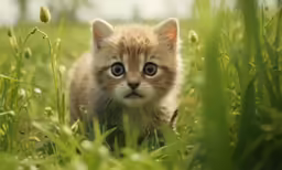 a little kitten walking through a lush green field