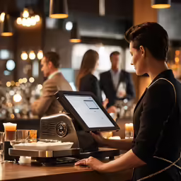 a woman using an ipad at a bar