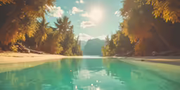 trees on the edge of a river with bright blue water