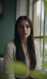 a woman is sitting next to a window