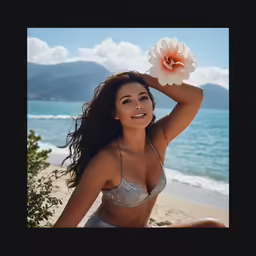 a woman on the beach with a white flower in her hair