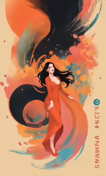 a girl in orange dress and a painting in the background