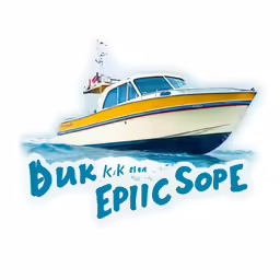 a boat with a sign in front of it and a caption below