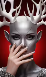 a woman with horns holding her face up