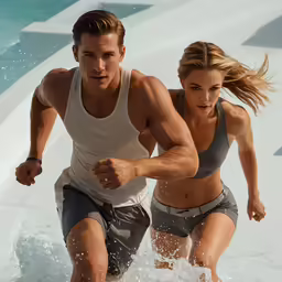 a young man and woman running next to each other