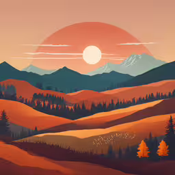 a painting of sunset over a mountain range,an orange sunset over a mountain range with pine trees
