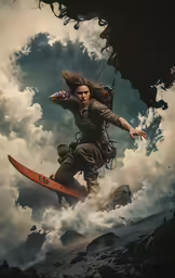 a woman in fatigues is running through the clouds