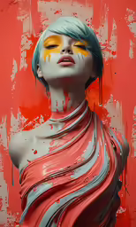 a woman wearing a neck tie, painted bright orange and white