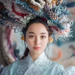 woman wearing ornate white and blue clothing in front of colorful decoration