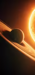 the sun rising behind the saturn - like planet