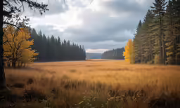 a field with tall grass surrounded by trees
