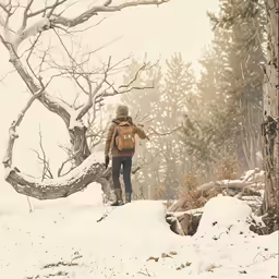 a person wearing a back pack in a snow covered forest
