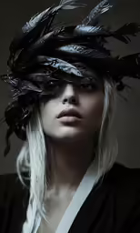 a woman with long hair in a wreath wearing feathers