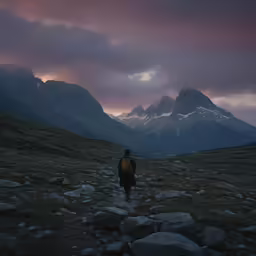 a man walks through a field under some mountains