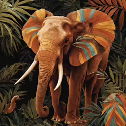 an elephant standing in the jungle with leaves on it