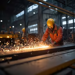 welders are working in a factory, grinding steel