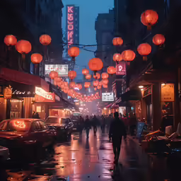 people walking down a street at night under red lanterns