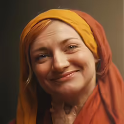 a smiling woman wearing a yellow scarf