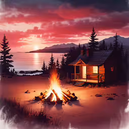 a painting of a beach cabin and fire,a cabin and campfire at sunset near water