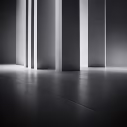 a very dark room with white columns and the floor