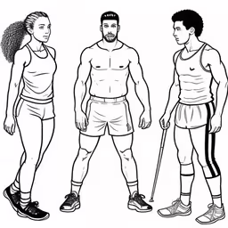 four people in shorts and top standing together,four men are standing with a woman behind them,an illustration of three men with different types of underwear,four men in three different outfits standing together,a man and woman with different types of shorts