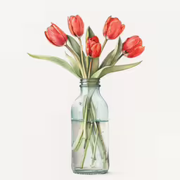 a painting of red tulips in a glass vase,red tulips in a glass bottle on a white background