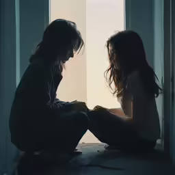 a couple sitting on the floor next to a open door