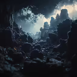 a bunch of rocks in a forest with fog around