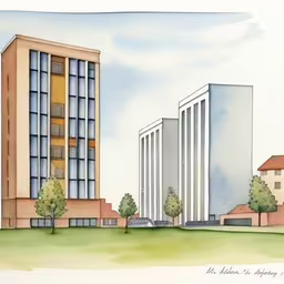 the drawing is of two tall buildings in a green area,there are two buildings on a green field,some buildings and trees on the grass,this is an artist