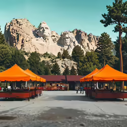 a row of orange tents in front of the mountains