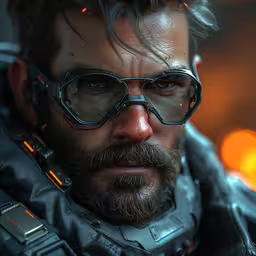 the new video game deus might be a really good day for me,the man with glasses is looking into the distance