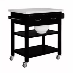 a small kitchen island with a marble top